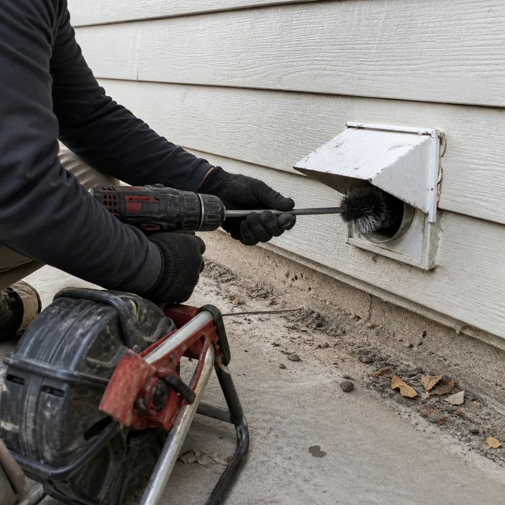 Technician using a drill brush to clean a home dryer vent.
