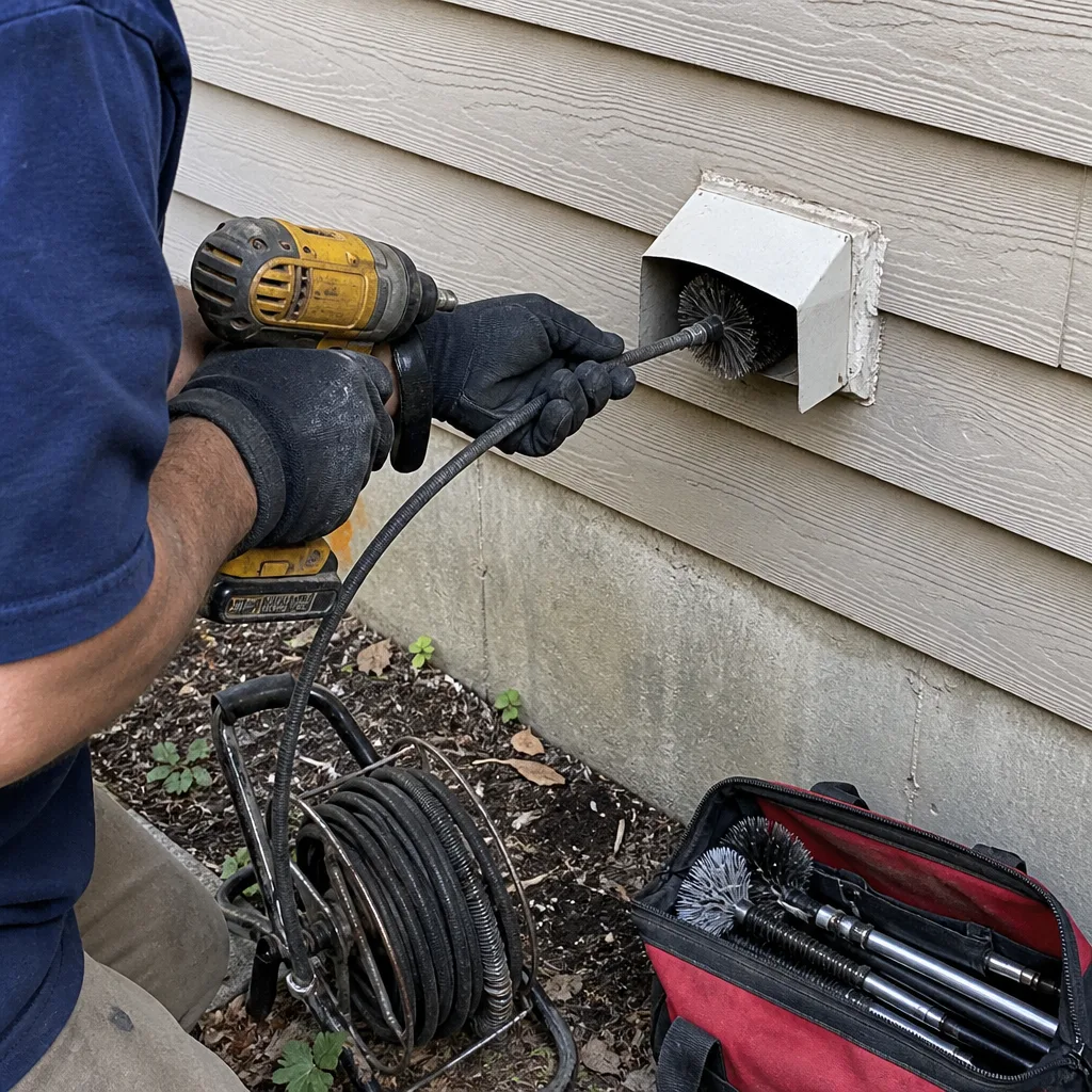 Technician using a rotary brush to perform professional dryer vent cleaning