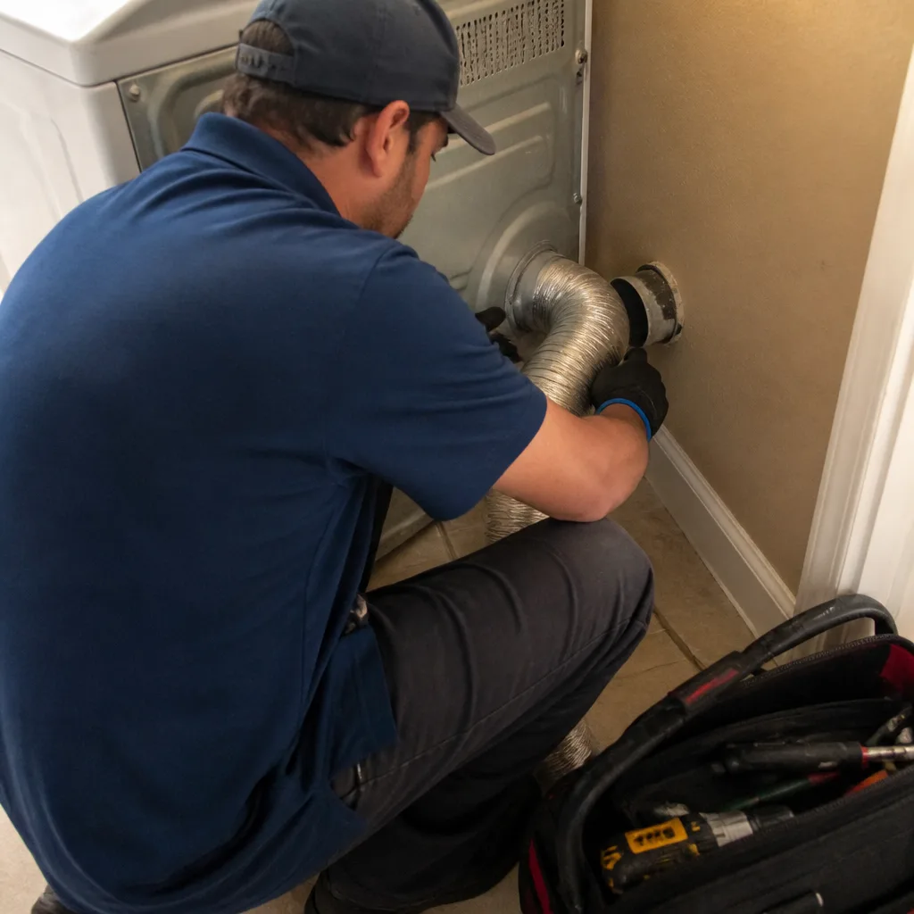 Technician connecting a flexible dryer vent hose to a wall duct