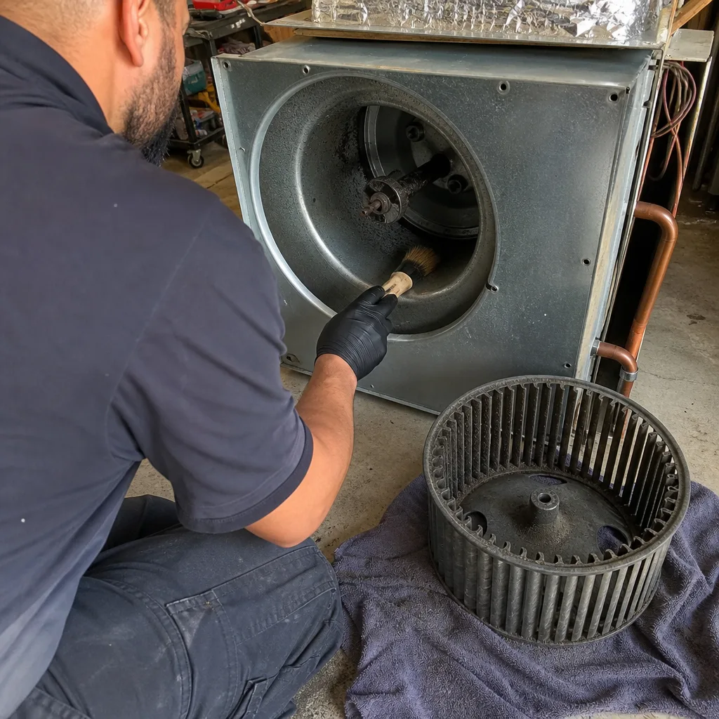 HVAC technician performing professional blower motor and air duct system cleaning