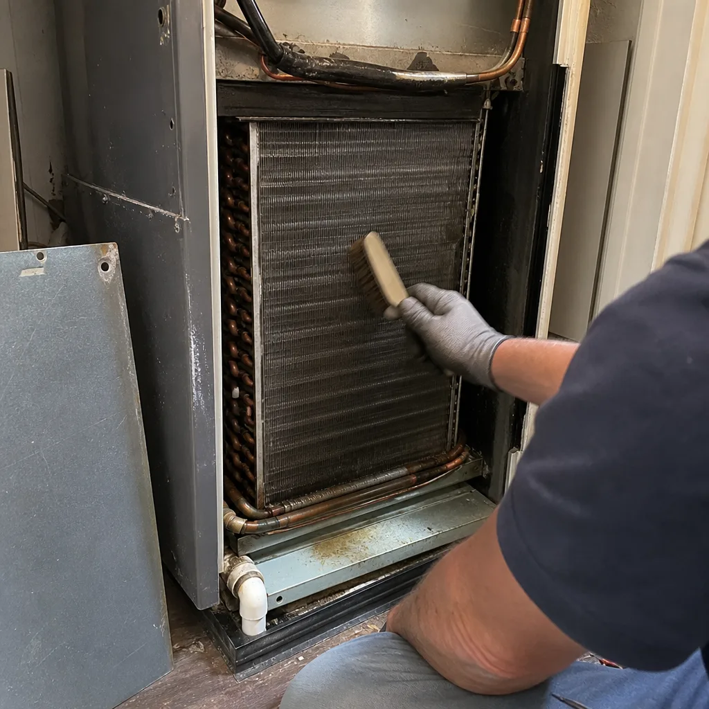 HVAC technician cleaning dusty air conditioner evaporator coil with a brush