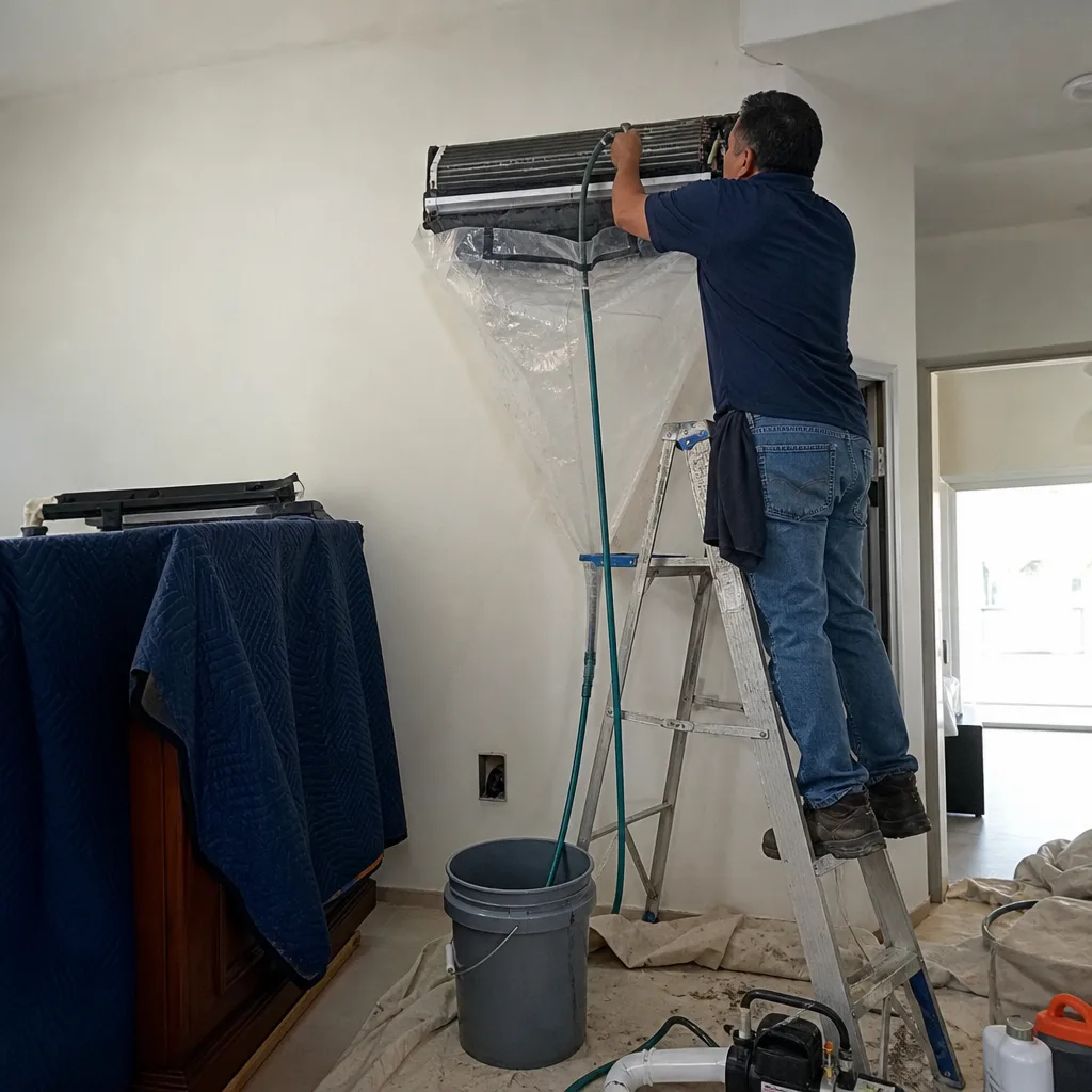 Technician performing professional wall-mounted air conditioning unit maintenance and cleaning